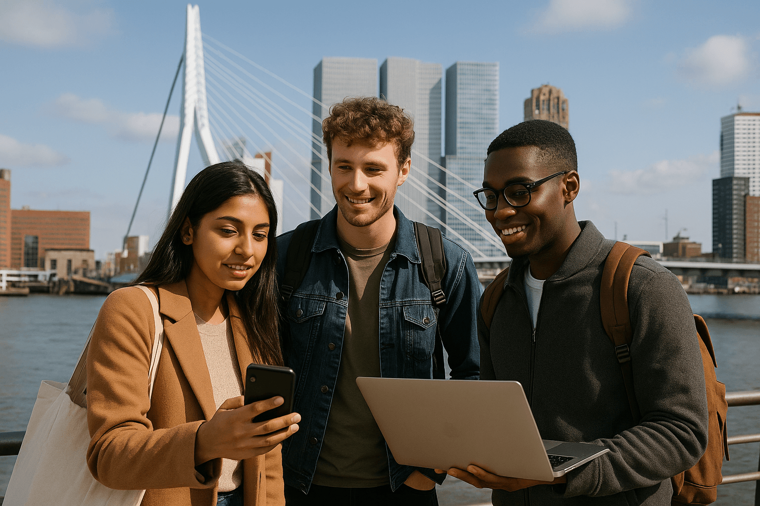 International students looking for English-speaking jobs near Rotterdam's Erasmus Bridge